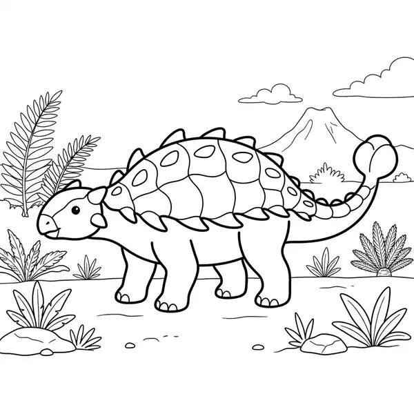 Anquilosaurio en un paisaje prehistórico para colorear
