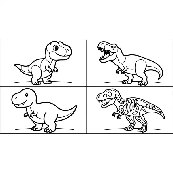 Varias versiones de T-Rex juntas en una lámina para colorear