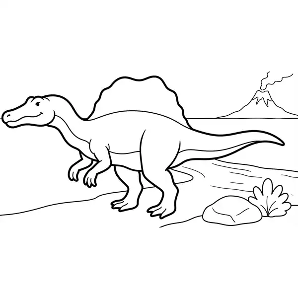 Espinosaurio en un paisaje prehistórico junto al agua para colorear