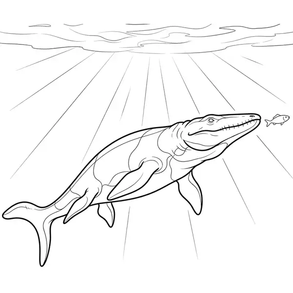 Mosasaurus cazando un pez bajo el agua para colorear