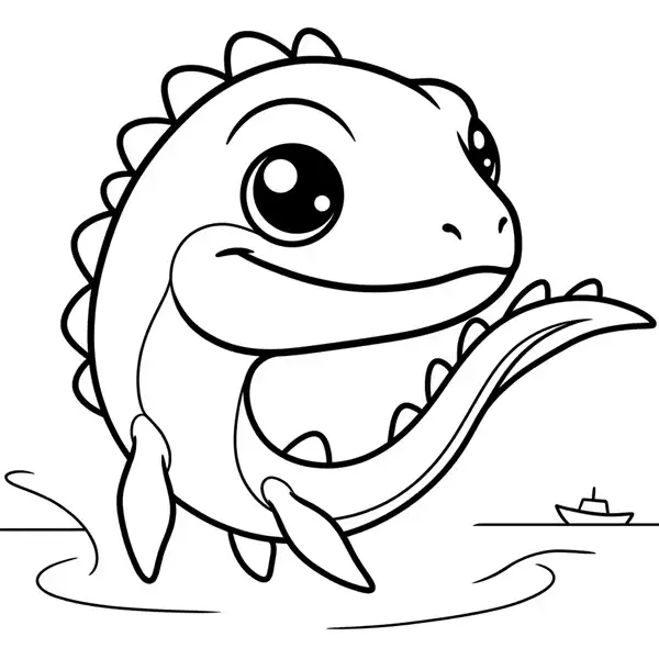 Mosasaurus kawaii sonriente saliendo del agua para colorear