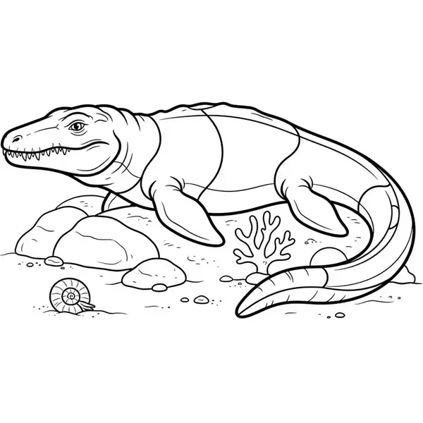 Mosasaurus en un fondo marino prehistórico junto a corales para colorear