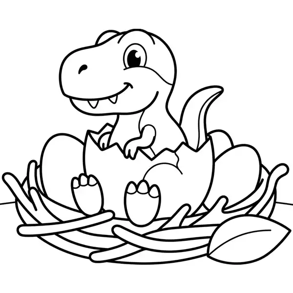 T-Rex bebé asomando del cascarón en un nido con huevos para colorear