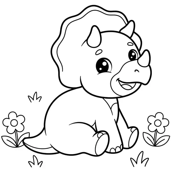Triceratops kawaii para colorear, dinosaurio estilo chibi para imprimir
