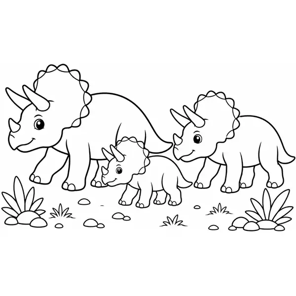 Triceratops en manada para colorear, familia de dinosaurios para imprimir