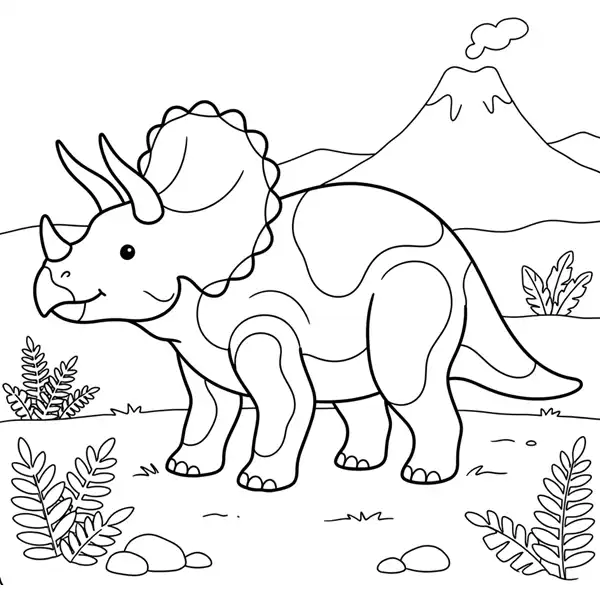 Triceratops prehistórico para colorear, dinosaurio en su hábitat para imprimir