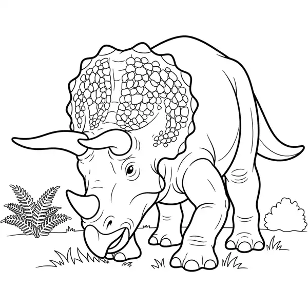 Triceratops realista pastando visto desde un ángulo bajo para colorear