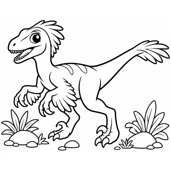 Velociraptor con plumas para colorear en una lámina para imprimir