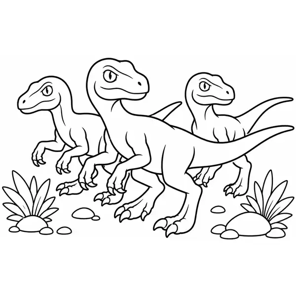 Tres velociraptores juntos para colorear en una escena de manada