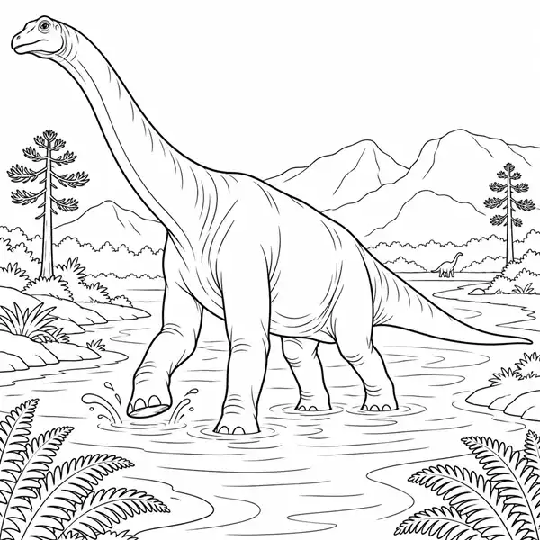 Braquiosaurio en paisaje prehistórico para colorear