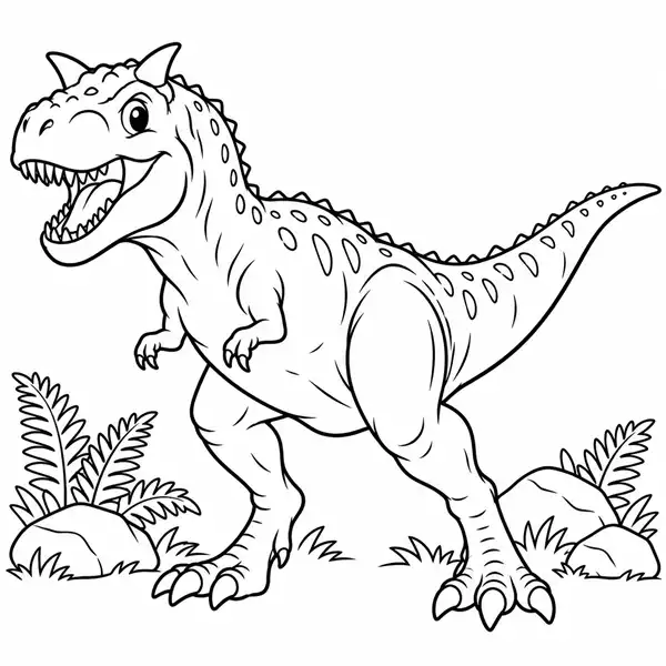 Carnotaurus animado rugiendo con sus cuernos característicos para colorear