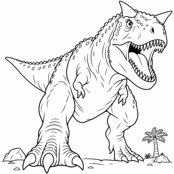 Carnotaurus gigante visto de frente con grandes cuernos para colorear