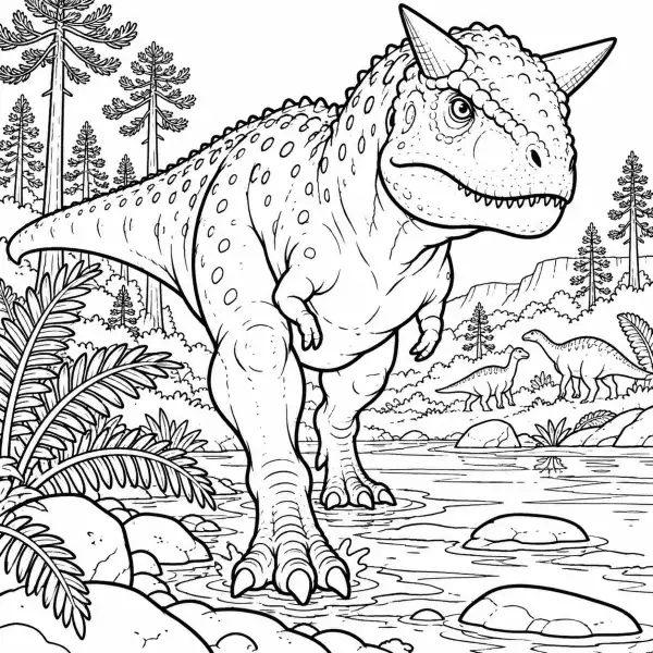 Carnotaurus caminando junto a un río en un paisaje prehistórico para colorear