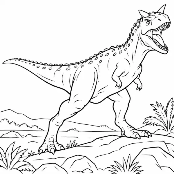 Carnotaurus rugiendo con la boca abierta para colorear
