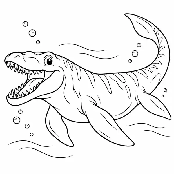 Mosasaurus animado nadando bajo el agua con burbujas para colorear