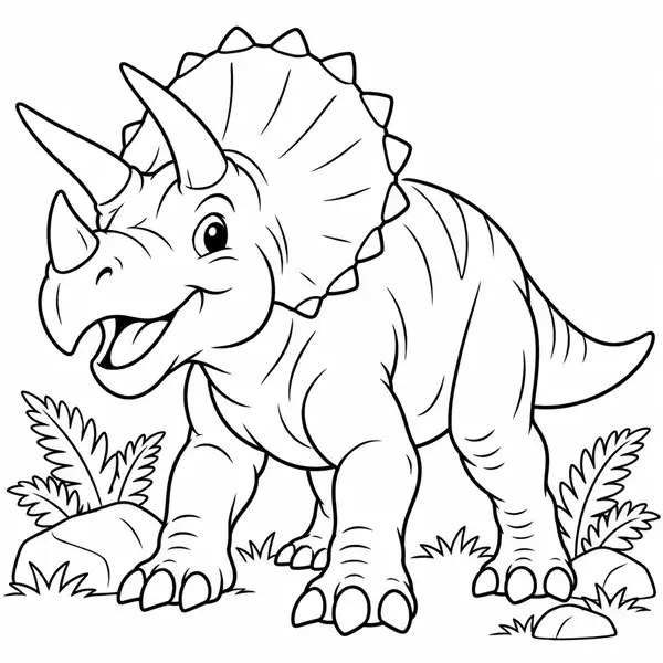 Triceratops animado y sonriente con tres cuernos para colorear