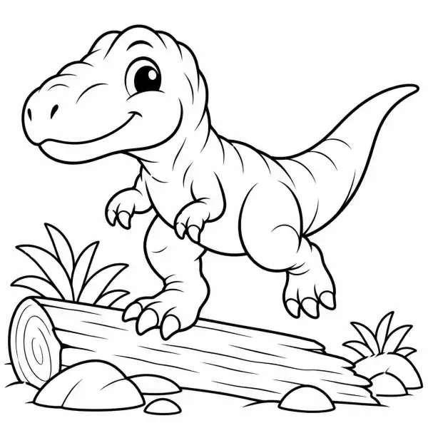 Giganotosaurus bebé cruzando un tronco caído con una pata levantada, rodeado de rocas y plantas, para colorear
