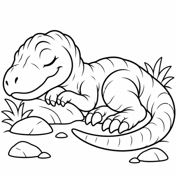 Giganotosaurus bebé durmiendo con los ojos cerrados, recostado entre rocas y plantas, para colorear