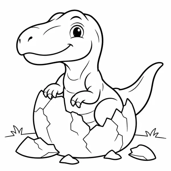 Giganotosaurus bebé saliendo de un huevo roto, con expresión sonriente y cáscaras alrededor, para colorear
