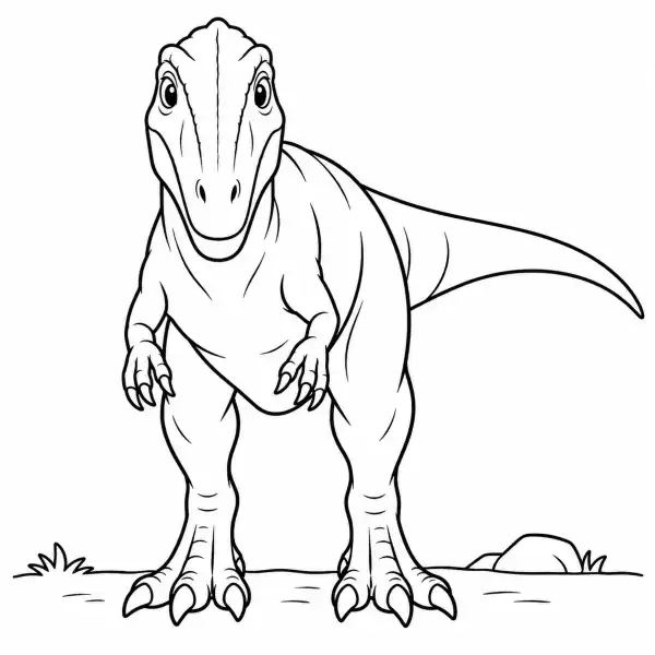 Giganotosaurus fácil de frente, con expresión simpática y patas grandes, para colorear