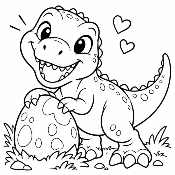Giganotosaurus kawaii sonriente abrazando un huevo de dinosaurio con manchas, rodeado de corazones y pequeñas plantas, para colorear