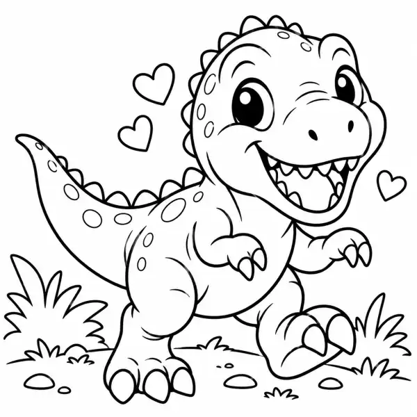 Giganotosaurus kawaii caminando feliz con una pata levantada, ojos grandes, sonrisa alegre y corazones a su alrededor, para colorear