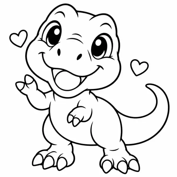 Giganotosaurus kawaii sonriente saludando con una patita, ojos grandes y dos corazones a su alrededor, para colorear