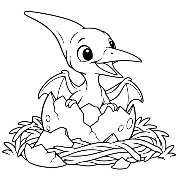 Pterodáctilo bebé saliendo del huevo en su nido para colorear