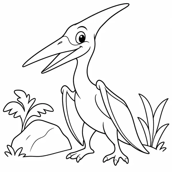 Pterodáctilo de pie con las alas plegadas junto a una roca para colorear