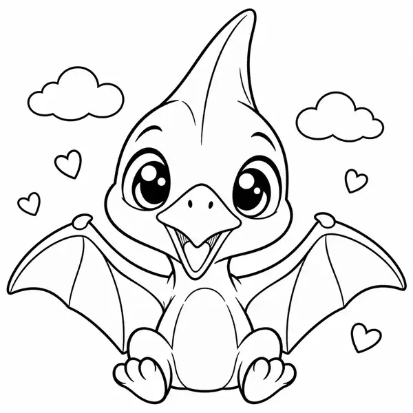 Pterodáctilo kawaii sentado con ojos grandes y alas abiertas para colorear