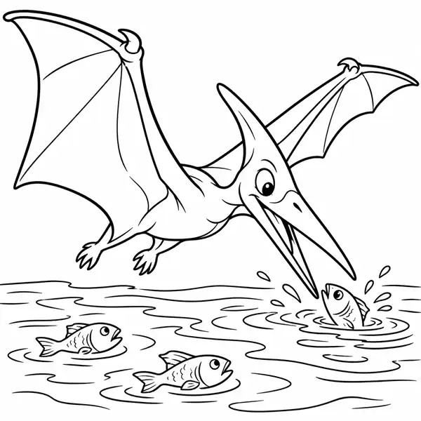 Pterodáctilo volando sobre el agua y pescando peces para colorear
