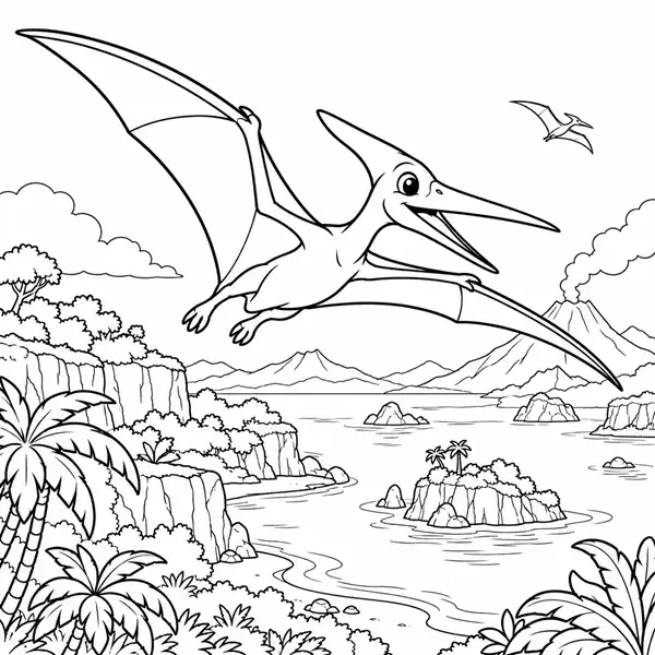 Pterodáctilo planeando sobre una laguna prehistórica para colorear