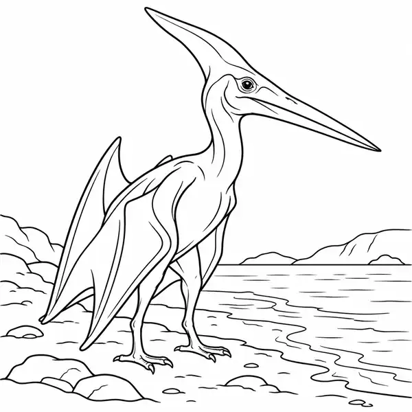 Pterodáctilo realista de pie junto al agua con las alas plegadas para colorear